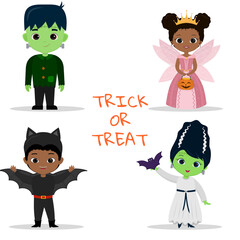 Set of four kids Halloween party characters. Children in colorful Halloween costumes monster, fairy princess, bat, monster girlfriend in cartoon style. Flat vector.