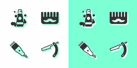 Set Straight razor, Bottle of shampoo, Electrical hair clipper and Hairbrush icon. Vector
