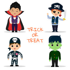Set of four kids Halloween party characters. Children in colorful Halloween costumes vampire, pirate, skeleton, monster frankenstein in cartoon style. Flat vector.
