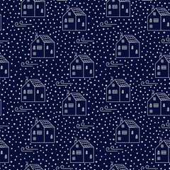 The pattern is abstract with houses. Modern background with an illustration of a winter village. The pattern of a house in a circle of snow for wrapping paper at winter night. Vector illustration
