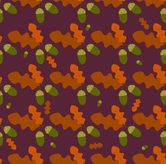 Autumn background, autumn oak leaves and acorns. Seamless vector background for advertising, sales in orange and brown colors on ultraviolet background.