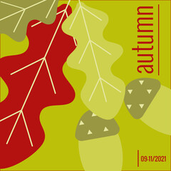 Decorative oak twigs and acorns. Seasonal Autumn promotion banner. Decorative illustration of fallen leaves. Vector illustration for advertising poster design.