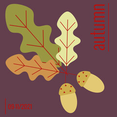 Decorative oak twigs and acorns. Seasonal Autumn promotion banner. Decorative illustration of fallen leaves. Vector illustration for advertising poster design.