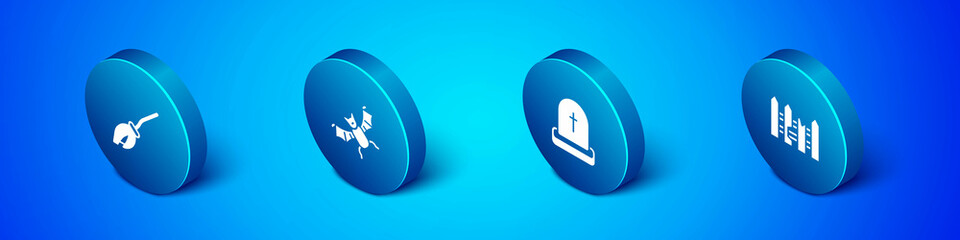 Set Isometric Witches broom, Tombstone with RIP written, Garden fence wooden and Flying bat icon. Vector