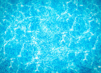 Abstract beautiful blue water in swimming pool. Shining sun reflection, motion of ripple wave. Background of water surface. Summer, sport, relax, vacation concept.