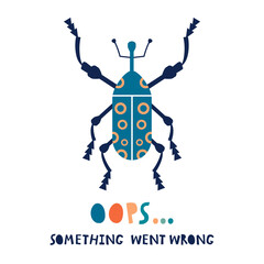 Colorful beetle icon and an error sign. Oops something went wrong illustration. Software error concept.