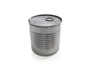 Front view of metal round tin can with ring isolated on white background. Close up of an unopened food tin can with a pull tab isolated.