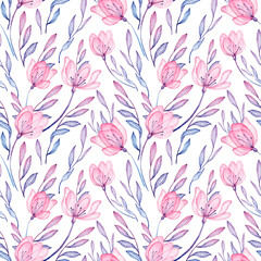 Square seamless pattern with transparent watercolor flowers and leaves on twigs. Wrapping paper and backdrops template. Repeating blooming flowers and violet and pink leaves