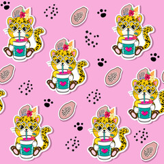Cute summer leopard drinks cocktail seamless pattern for t-shirts. Vector illustration
