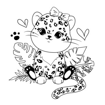 Cute summer leopard drawn with one line. Coloring book for children . Vector cartoon illustration