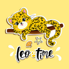 Vector illustration of cartoon summer leopard. Fashion sticker for kids t-shirt design