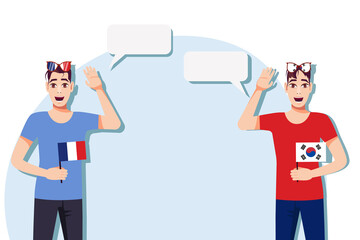 Men with French and South Korean flags. Background for text. Communication between native speakers of France and South Korea. Vector illustration. 