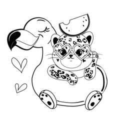 Cute hand-drawn leopard on an inflatable flamingo in one line. Coloring book for children. Vector illustration