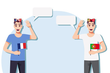 Men with French and Portuguese flags. The concept of international communication, education, sports, travel, business. Dialogue between France and Portugal. Vector illustration.