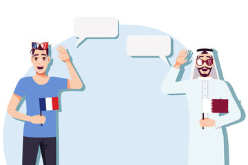 Men with French and Qatari flags. Background for the text. Communication between native speakers of the language. Vector illustration.