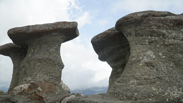 View of megaliths on top of a mountain range -Babele Natural Monument, in Bucegi, Romania