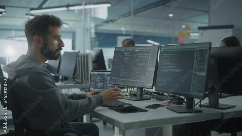 Poster Diverse Office: Enthusiastic White IT Programmer Working on Desktop Computer. Male Specialist Creating Innovative Software. Engineer Developing App, Program, Video Game. Writing Code in Terminal