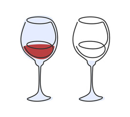 One line drawing red wine glass on white background. Two kinds colored cartoon graphic sketch and black white. Continuous line way. Hand drawn party drinks concept. Freehand drawing style