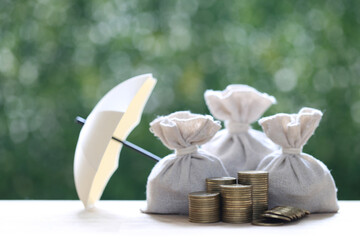 Protection, Coins money in the bag under the umbrella on natural green background, Finance insurance and Safe investment concept