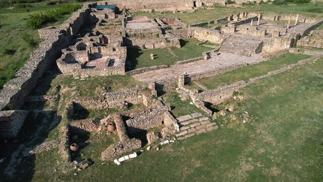 Aerial view of archaeological site, ruins of ancient town and church basilica, Bargala, Stip, Macedonia
