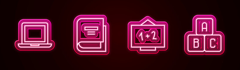 Set line Laptop, Book, Chalkboard and ABC blocks. Glowing neon icon. Vector
