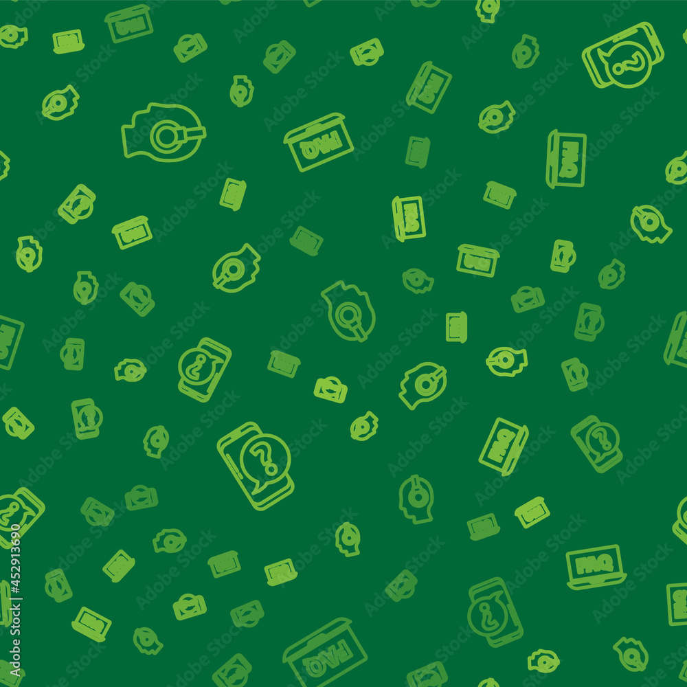 Poster set line support operator in touch, mobile phone with question and laptop and faq on seamless patter