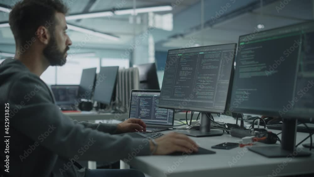 Aufkleber Diverse Office: Enthusiastic White IT Programmer Working on Desktop Computer. Male Specialist Creating Innovative Software. Engineer Developing App, Program, Video Game. Writing Code in Terminal