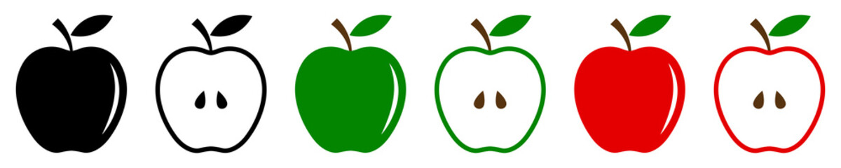 Set of apple icons. Apple fruit with leaf, whole apple and half an apple. Vector illustration.