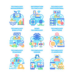 Technology Solution Set Icons Vector Illustrations. Technology Solution And Professional Management, Classroom Information And Road System, Design And Roadmap. Tech Innovation Color Illustrations