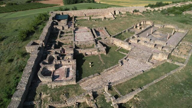 Aerial view of archaeological site, ruins of ancient town and church basilica, Bargala, Stip, Macedonia