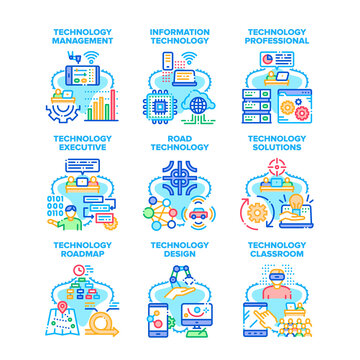 Technology Solution Set Icons Vector Illustrations. Technology Solution And Professional Management, Classroom Information And Road System, Design And Roadmap. Tech Innovation Color Illustrations