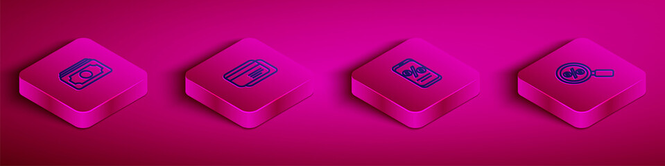 Set Isometric line Stacks paper money cash, Credit card, Percent discount and mobile and Magnifying glass with percent icon. Vector