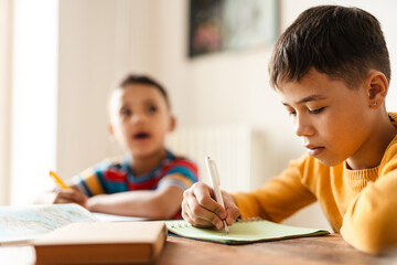 Two boys writing in exercise books while doing homework at home