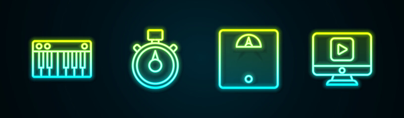 Set line Music synthesizer, Stopwatch, Bathroom scales and Online play video. Glowing neon icon. Vector
