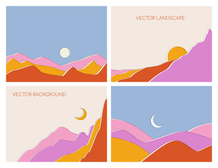 Set of colorful backgrounds with abstract landscapes. Vector set of backgrounds with copy space for text. Layouts for social networks, banners, posters. Design of wall art, covers