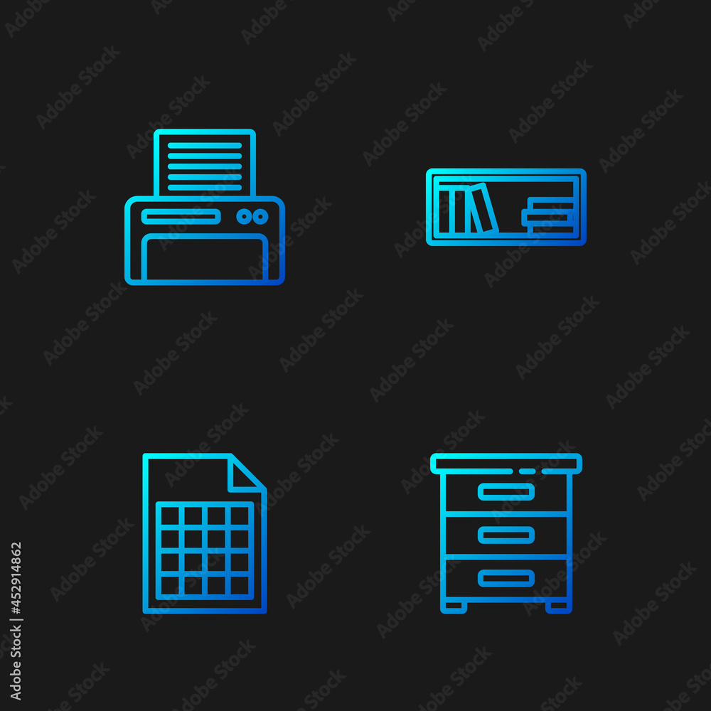 Poster set line drawer with documents, file, printer and shelf books. gradient color icons. vector