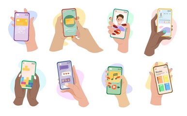 Hands holding phones with mobile apps vector illustrations set. Female cartoon social media users chatting, writing posts online isolated on white background. Technology, communication concept