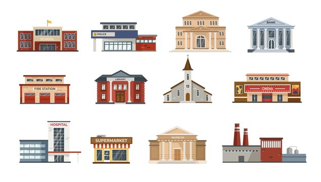 Exterior of city buildings flat vector illustrations set. Modern facades of town hall, museum, fire and police station, hospital, school isolated on white background. Government, architecture concept