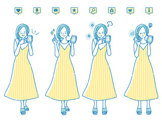 スマートフォンを持った若い女性の表情セット