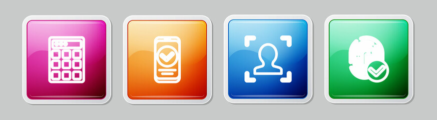 Set line Password protection, Smartphone, Face recognition and Fingerprint. Colorful square button. Vector