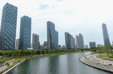 Fototapeta na wymiar Modern skyscrapers in the planned urban city of Songdo in Incheon, South Korea