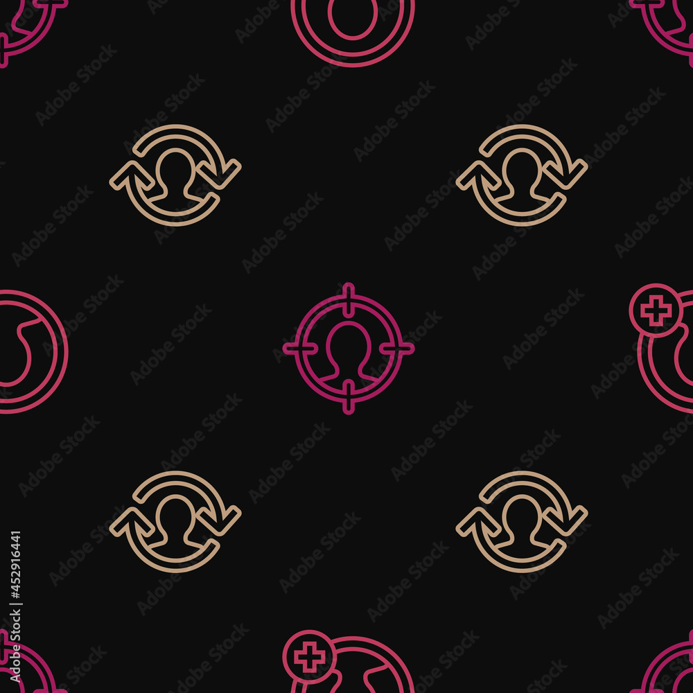 Poster set line create account screen, human resources and head hunting on seamless pattern. vector