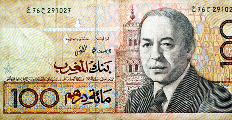 Obverse side of 100 one hundred Moroccan Dirhams banknote issued in 1987 by bank Al-Maghrib with an...