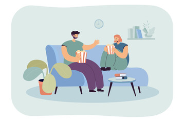 Couple relaxing on comfortable sofa in front of TV. Flat vector illustration. Man and woman watching movie with popcorn, spending evening time together. Family, leisure, comfort, entertainment concept