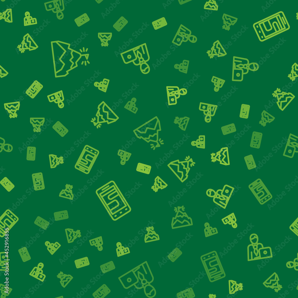 Poster set line mountains with flag, chat messages on phone and businessman on seamless pattern. vector