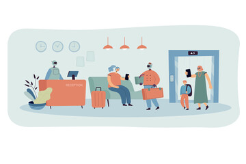 Cartoon hotel lobby interior and robotic staff. Flat vector illustration. Robotic reception and desk clerks helping guests, carrying bags, suitcases. Robotics, service, technology, AI, tourism concept