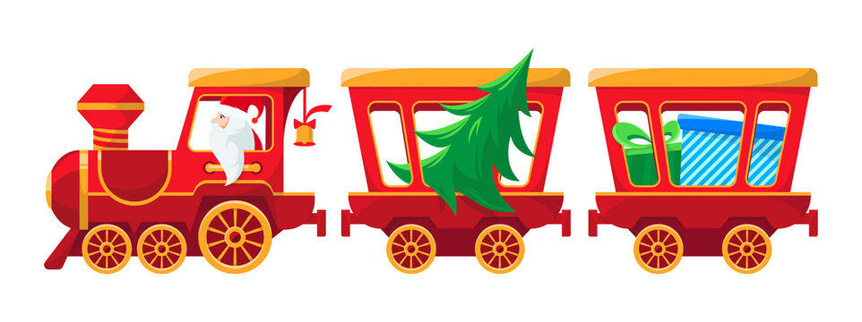 Christmas train with gifts and tree. Santa claus is bringing gifts. Vector design. Isolated on white background
