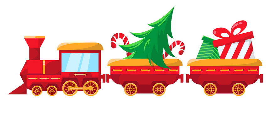 Christmas train is bringing gifts, tree and candy. Winter holiday clip art. Isolated on white background