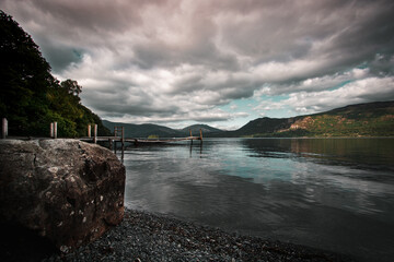 Looking across the waters of Derwentwater in the Lake District to the hills and mountains that encapsulate the area.