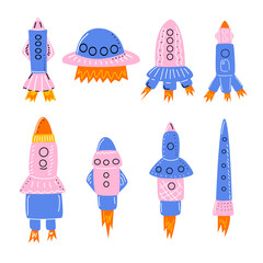 A set of different types of rockets for children's design.